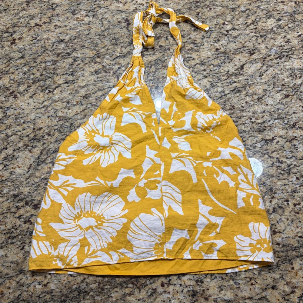 Banana Republic Yellow Floral Halter Top V-Neck Tie Neck Size Large